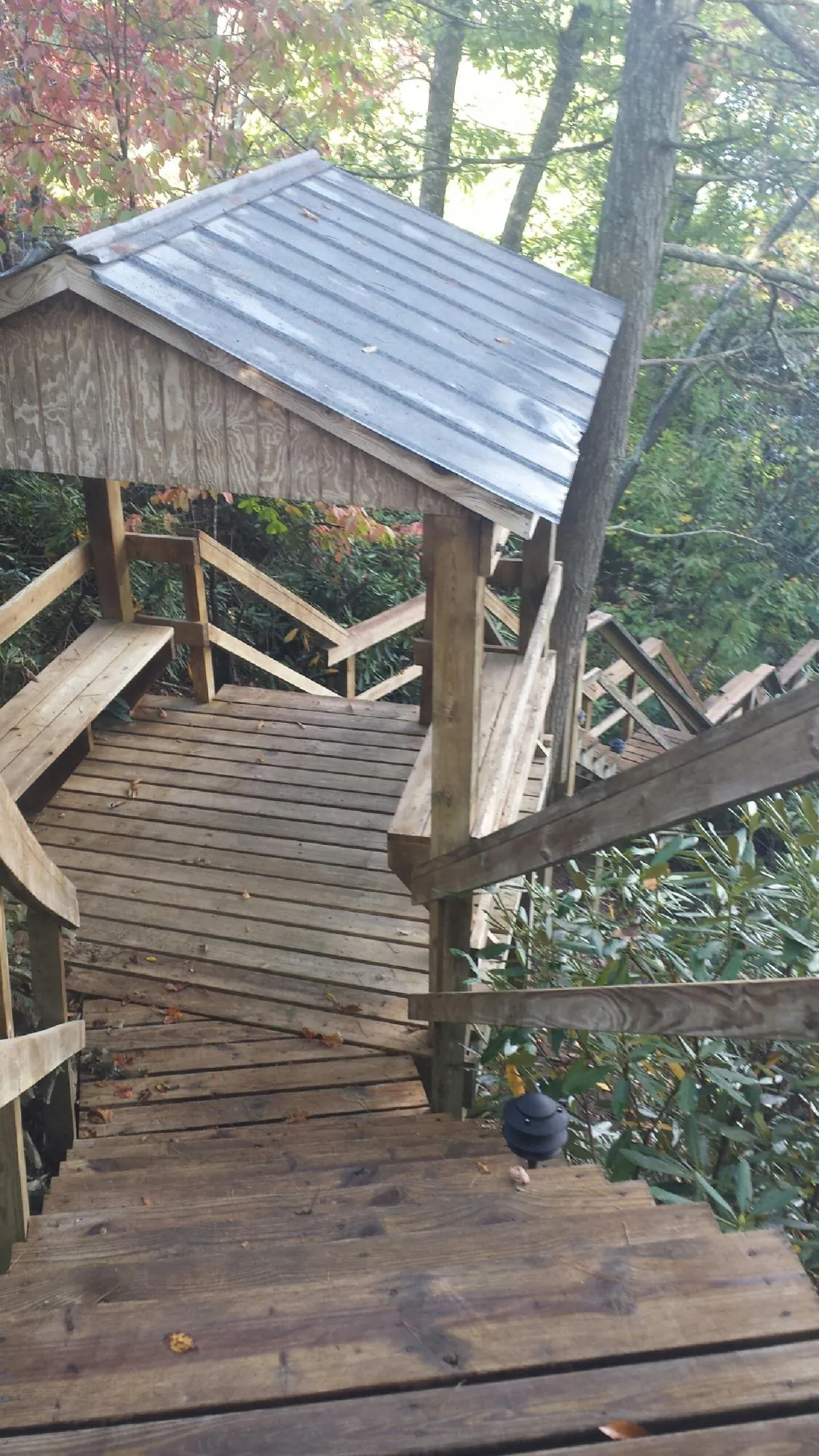 Metal roofed shelter over wooden steps on a wooded walkway — Skylight Repair & Installation work by our crew in Trinity Center